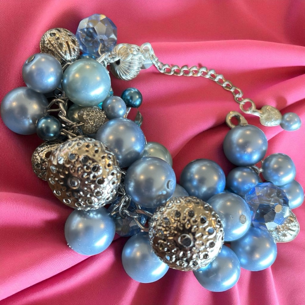 Handmade Bubblegum Cluster Charm Bracelet with Faux Pearls and Beads Adjustable